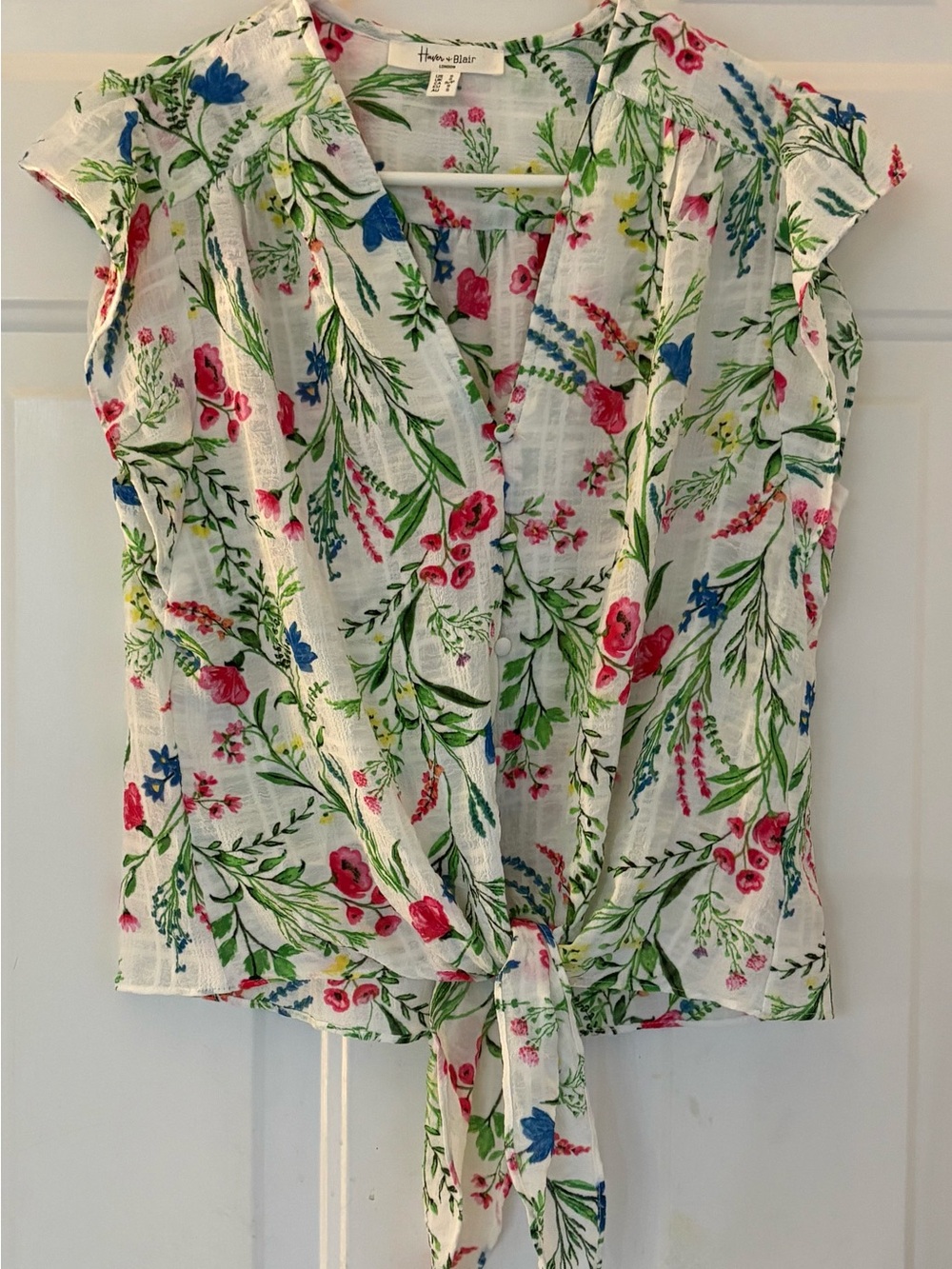Floral Tie-Front Blouse - White with Pink & Blue Floral Print